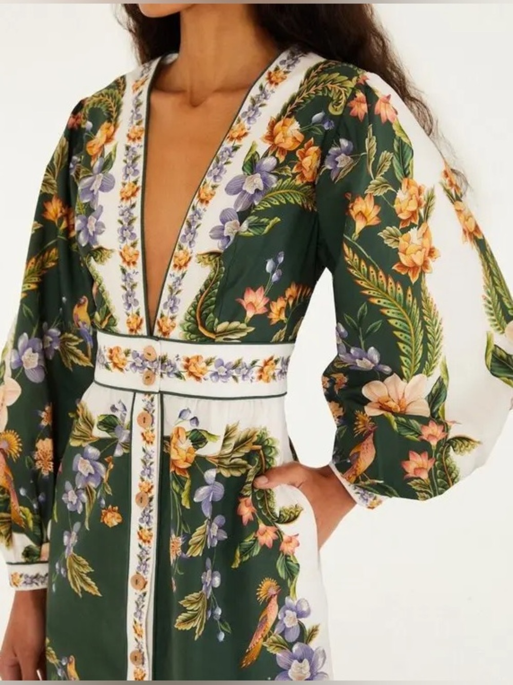 FARM RIO Nature Green Long Sleeve Floral Maxi Dress Size L - Picture 2 of 7